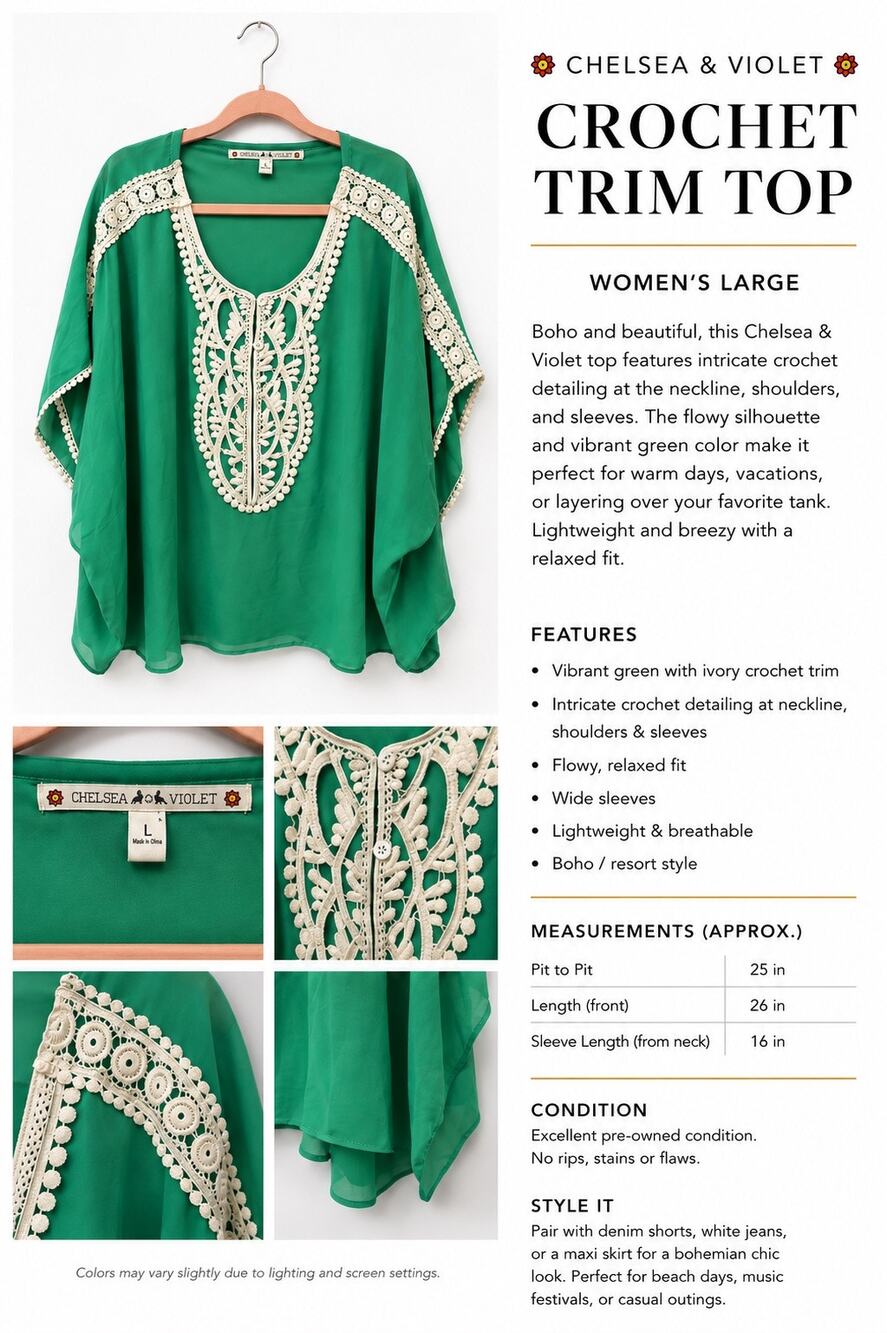 Chelsea & Violet Green Crochet Trim Boho Blouse Women’s Large Flowy Tunic Top